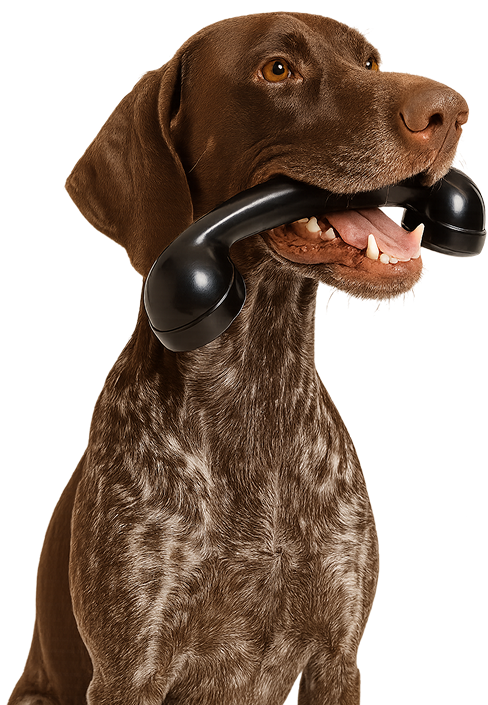 Hundekopf mit einen telefonhörer im Mund